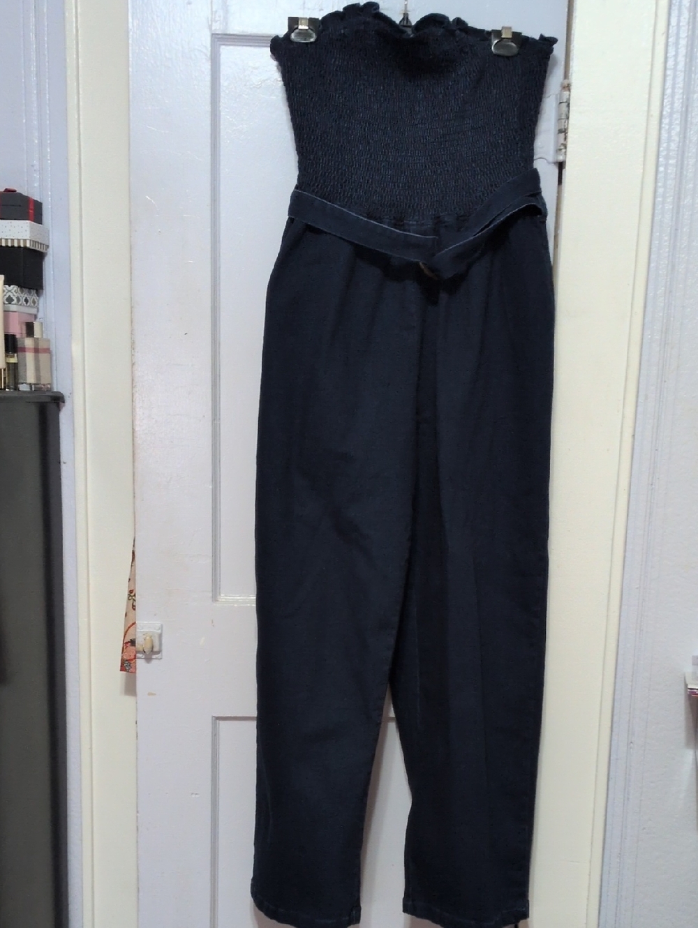 Strapless Blue Smocked-Waist Jumpsuit